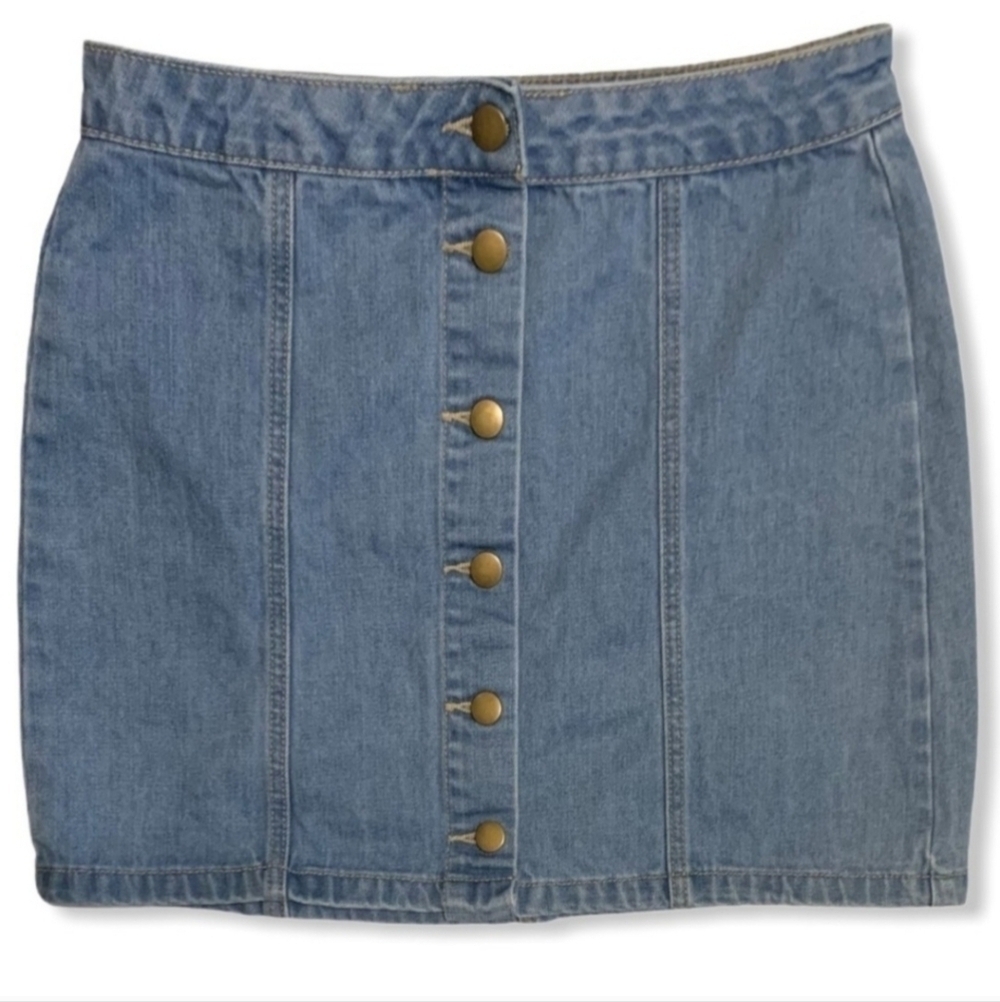 Forever 21 Denim Mini Blue Jean Skirt Button Front Women's Large L 100% Cotton